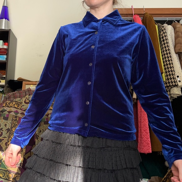 90s Pale Blue Velvet Button-Up Blouse Women’s Size M NWT - Picture 6 of 16